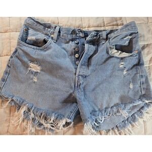 Levis 501 Jean Shorts 31 Blue‎ Button Fly Beach Coastal Distressed Black Tag